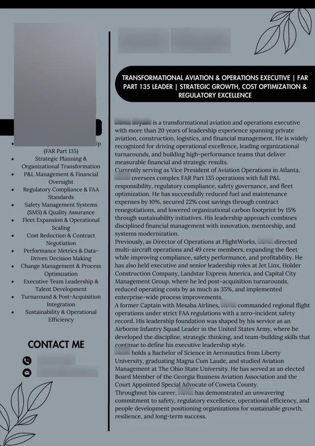 Aviation & Operations Executive executive bio written by PenworthCV