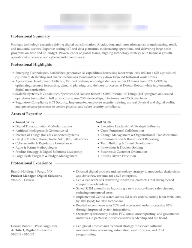 Digital Transformation Executive cv / resume written by PenworthCV