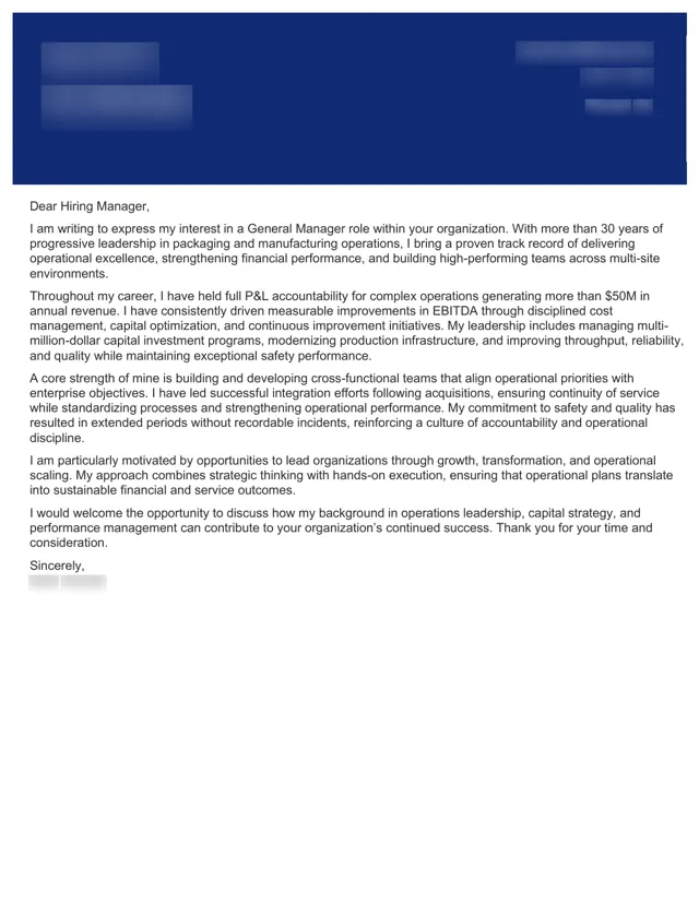 General Manager cover letter written by PenworthCV