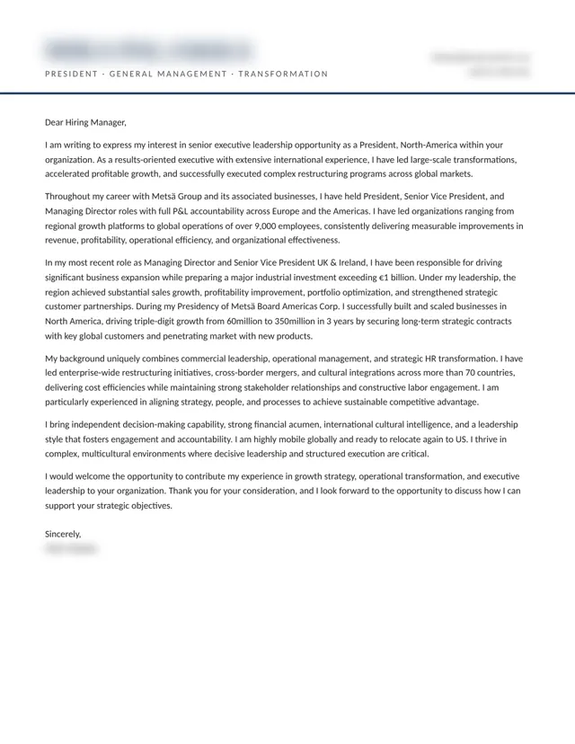 President, North America cover letter written by PenworthCV