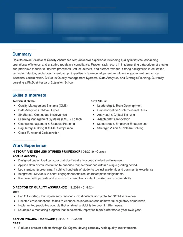 Director of Quality Assurance cv / resume written by PenworthCV