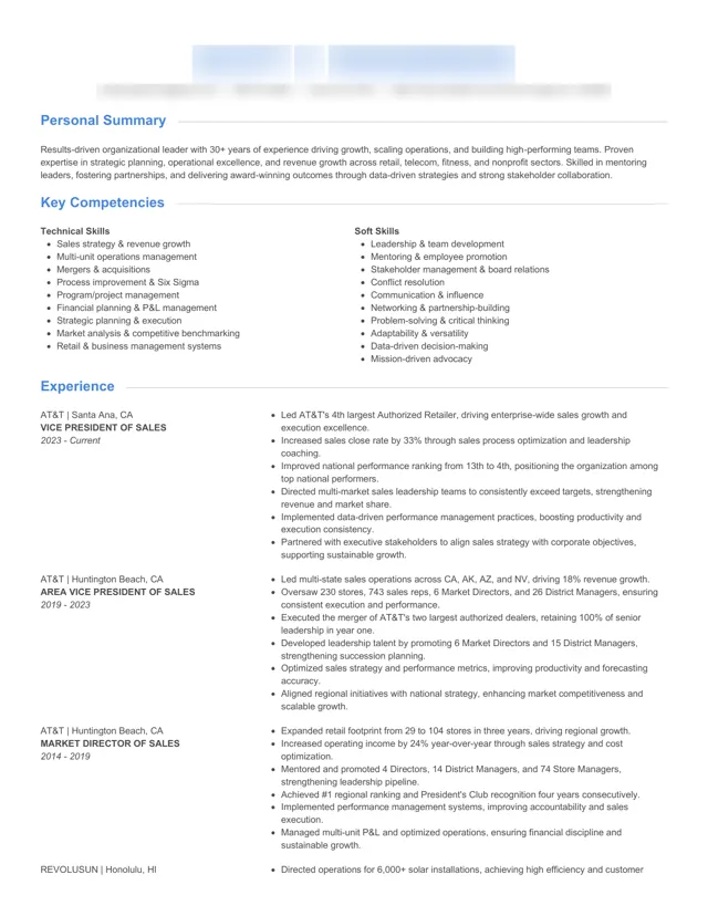 Senior Sales & Operations Leader cv / resume written by PenworthCV